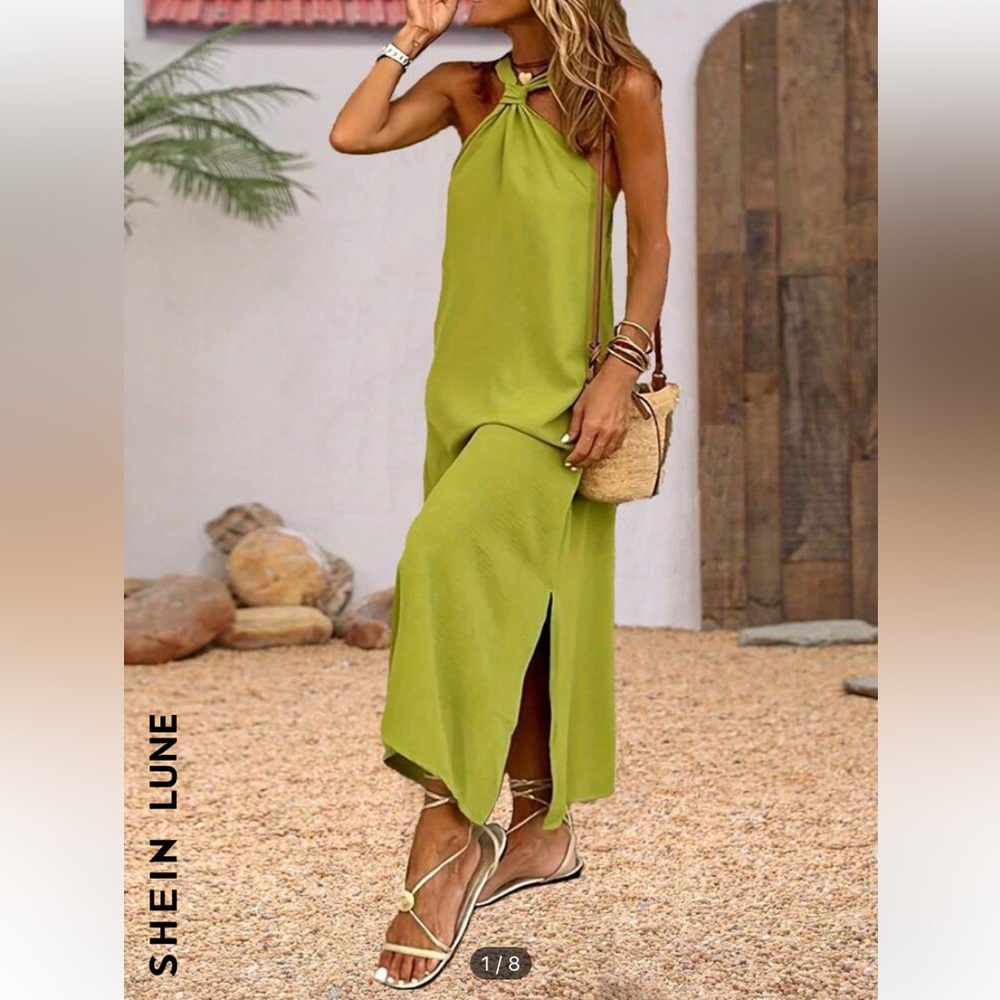 NWOT green dress side split leg halter